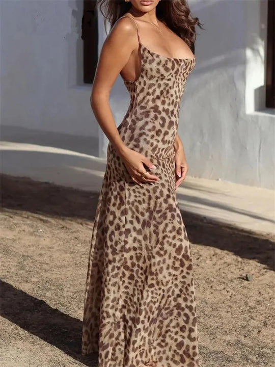 Barbara | Leopardenmuster Backless Midi Kleid