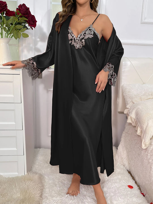 Fabiola Satin Pyjama-Set – Spitzenrobe & Kleid mit Gürtel