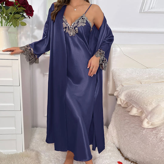 Fabiola Satin Pyjama-Set – Spitzenrobe & Kleid mit Gürtel