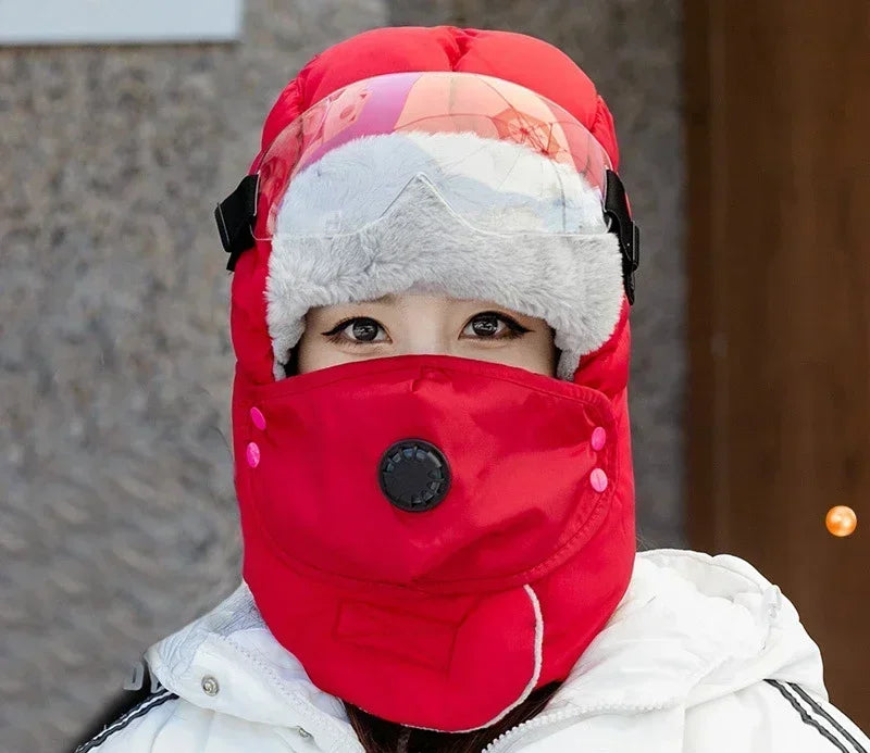 Unisex Winter Ski-Mütze mit Windschutz und Goggles