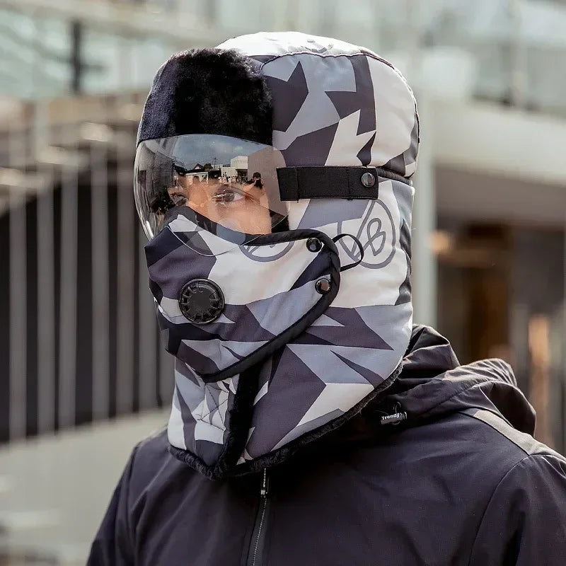 Unisex Winter Ski-Mütze mit Windschutz und Goggles